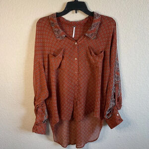 Free People Womens Easy Rider Sheer Longsleeve‎ Button Up Floral Bohemian Top